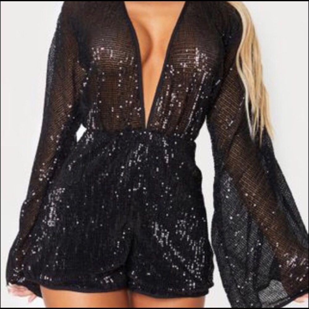 Pretty Little Thing • Sequin Balloon-Sleeve Romper